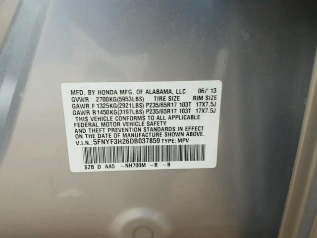 5FNYF3H26DB037859 - 2013 HONDA PILOT LX SILVER photo 10