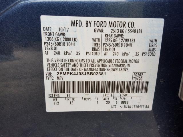 2FMPK4J98JBB02381 - 2018 FORD EDGE SEL BLUE photo 10