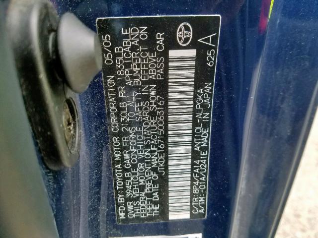 JTKDE167150063167 - 2005 TOYOTA SCION TC ლურჯი ფოტო 10