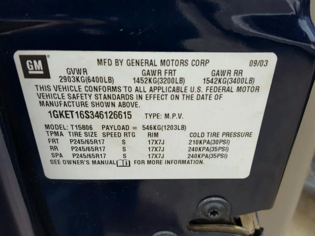 1GKET16S346126615 - 2004 GMC ENVOY XL BLUE photo 10