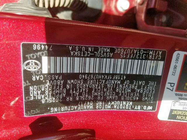4T1BF1FK4HU767940 - 2017 TOYOTA CAMRY LE RED photo 10