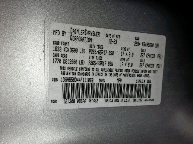 1D8HB58D44F111060 - 2004 DODGE DURANGO LI SILVER photo 10