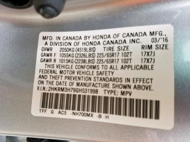 2HKRM3H79GH531998 - 2016 HONDA CR-V EXL SILVER photo 10