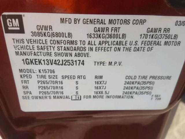 1GKEK13V42J253174 - 2002 GMC YUKON MAROON photo 10