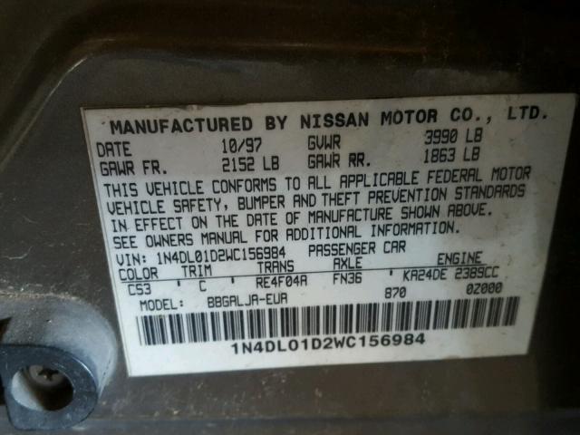 1N4DL01D2WC156984 - 1998 NISSAN ALTIMA XE GRAY photo 10