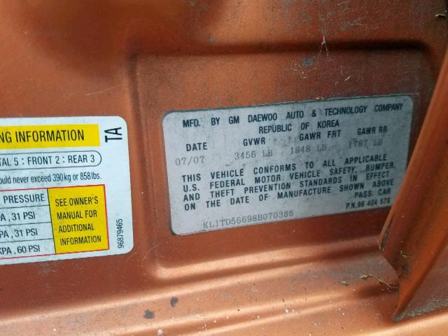 KL1TD56698B070386 - 2008 CHEVROLET AVEO BASE Қызғылт сары фото 10