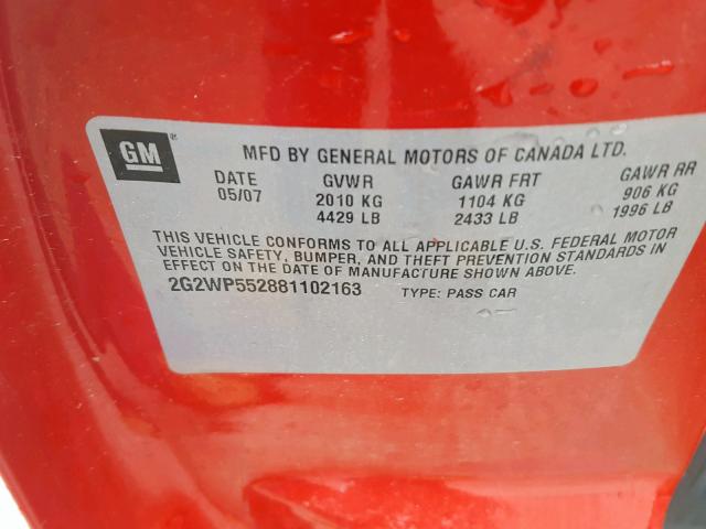 2G2WP552881102163 - 2008 PONTIAC GRAND PRIX Қызыл фото 10