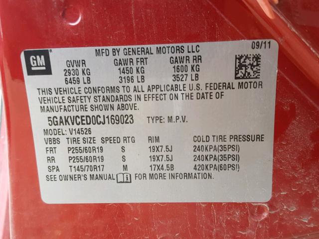 5GAKVCED0CJ169023 - 2012 BUICK ENCLAVE RED photo 10