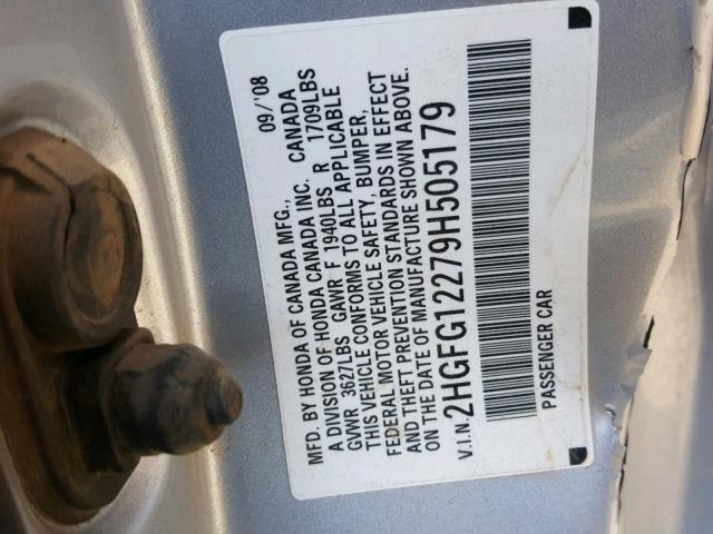 2HGFG12279H505179 - 2009 HONDA CIVIC DX SILVER photo 10