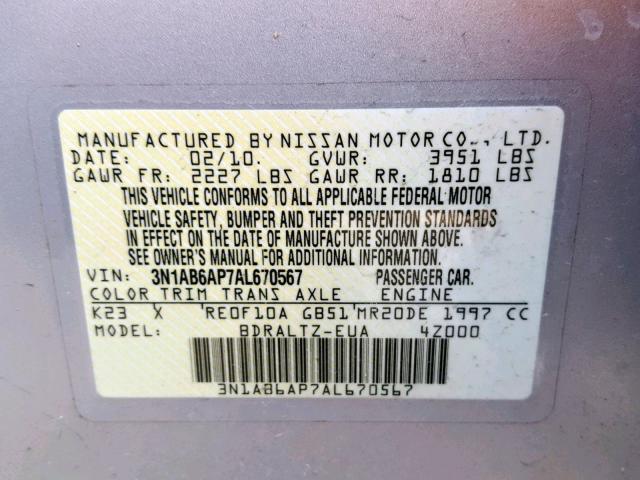 3N1AB6AP7AL670567 - 2010 NISSAN SENTRA 2.0 SILVER photo 10