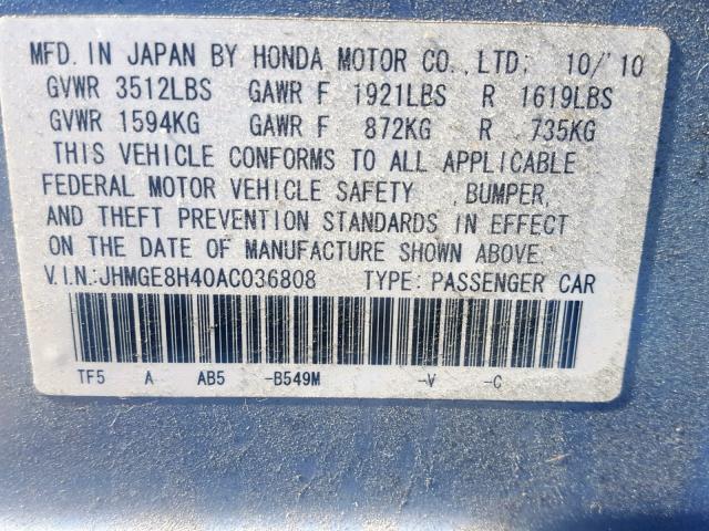 JHMGE8H40AC036808 - 2010 HONDA FIT SPORT BLUE photo 10