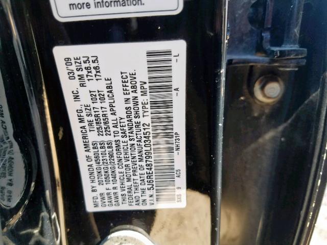 5J6RE48799L034512 - 2009 HONDA CR-V EXL BLACK photo 10