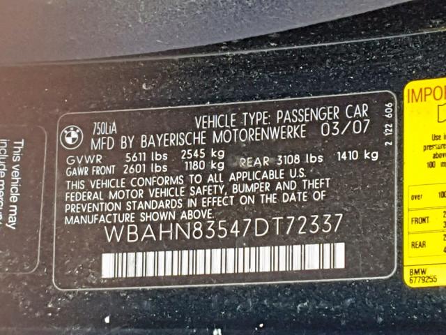 WBAHN83547DT72337 - 2007 BMW 750 BLACK photo 10