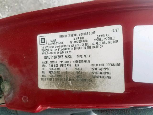 1GNDT13W3W2184336 - 1998 CHEVROLET BLAZER RED photo 10