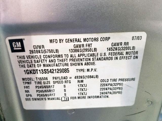 1GKDT13S542129085 - 2004 GMC ENVOY SILVER photo 10