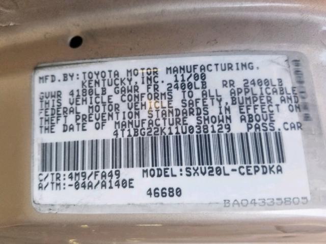 4T1BG22K11U038129 - 2001 TOYOTA CAMRY CE SILVER photo 10