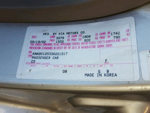 KNADC125336221517 - 2003 KIA RIO SILVER photo 10