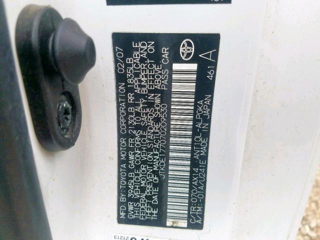 JTKDE177070209530 - 2007 TOYOTA SCION TC WHITE photo 10