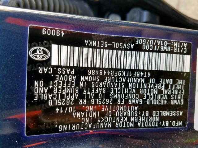 4T4BF1FK9FR448486 - 2015 TOYOTA CAMRY LE BLUE photo 10