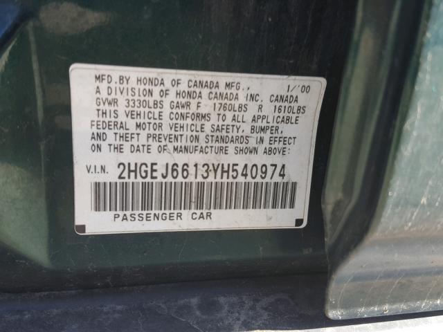 2HGEJ6613YH540974 - 2000 HONDA CIVIC BASE GREEN photo 10