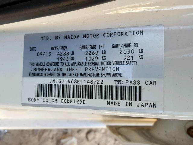 JM1GJ1V68E1148722 - 2014 MAZDA 6 TOURING WHITE photo 10