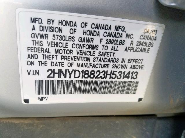 2HNYD18823H531413 - 2003 ACURA MDX TOURIN SILVER photo 10