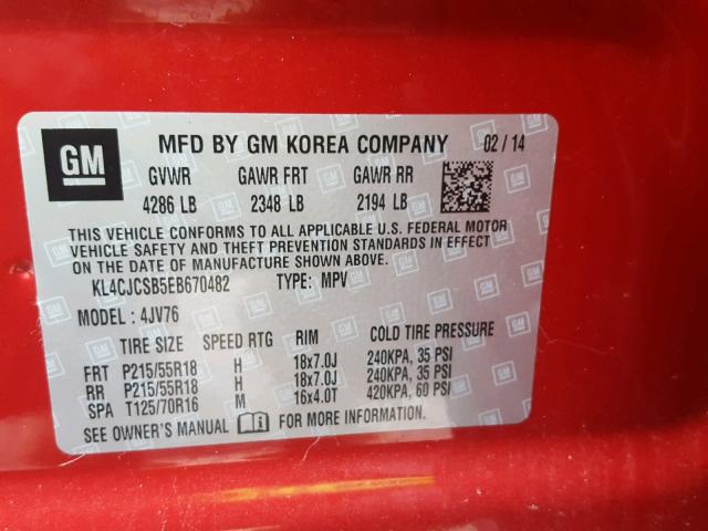 KL4CJCSB5EB670482 - 2014 BUICK ENCORE RED photo 10