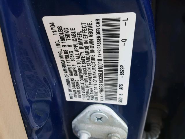 1HGES16335L010018 - 2005 HONDA CIVIC DX V BLUE photo 10