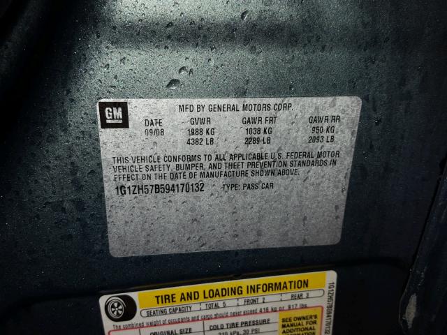 1G1ZH57B594170132 - 2009 CHEVROLET MALIBU 1LT BLUE photo 10