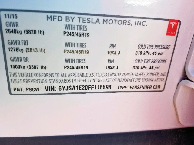 5YJSA1E20FF115598 - 2015 TESLA MODEL S أبيض صورة 10