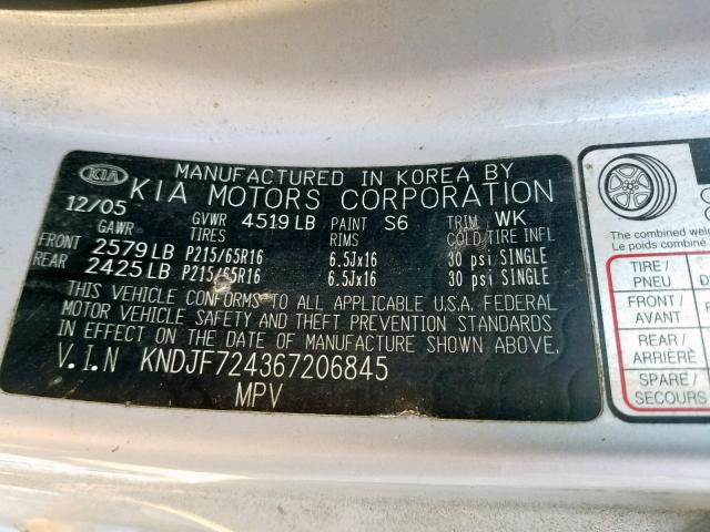 KNDJF724367206845 - 2006 KIA NEW SPORTA SILVER photo 10