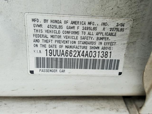 19UUA662X4A031381 - 2004 ACURA TL WHITE photo 10