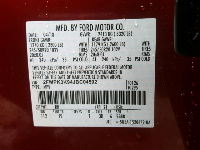 2FMPK3K94JBC04592 - 2018 FORD EDGE TITAN BURGUNDY photo 10