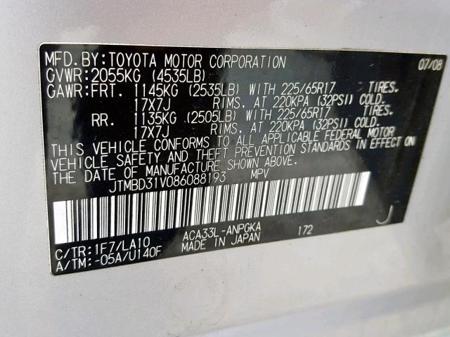 JTMBD31V086088193 - 2008 TOYOTA RAV4 LIMIT SILVER photo 10