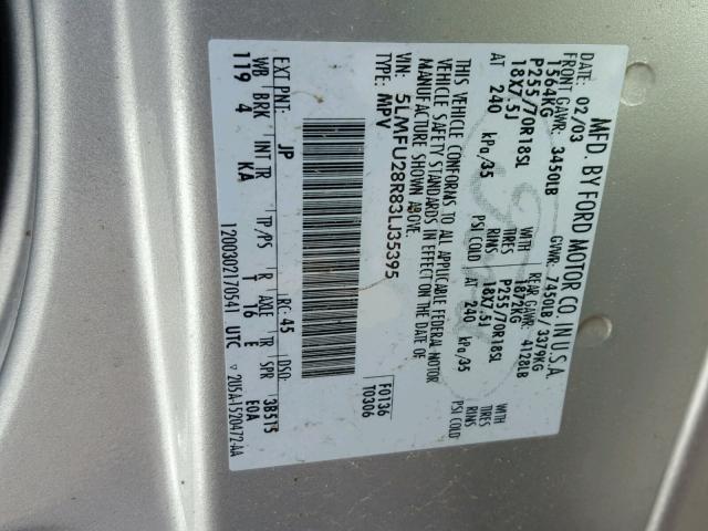 5LMFU28R83LJ35395 - 2003 LINCOLN NAVIGATOR 银色 照片 10