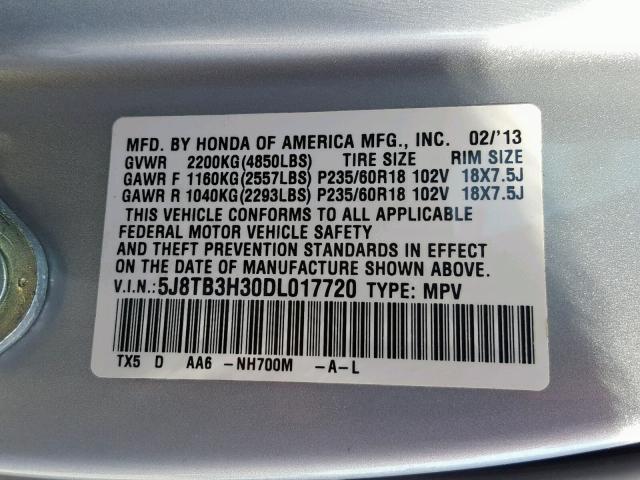 5J8TB3H30DL017720 - 2013 ACURA RDX SILVER photo 10