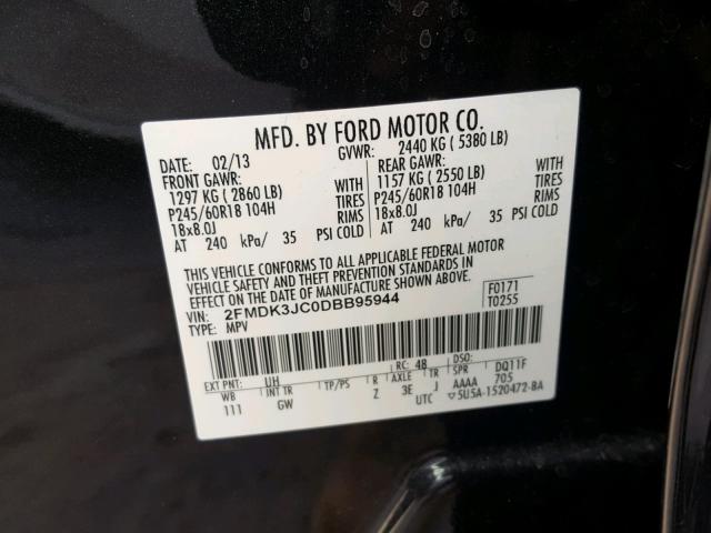 2FMDK3JC0DBB95944 - 2013 FORD EDGE SEL BLACK photo 10