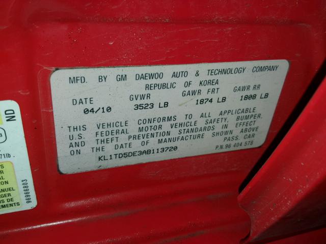 KL1TD5DE3AB113720 - 2010 CHEVROLET AVEO LS RED photo 10