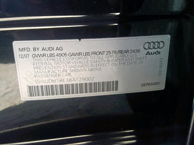 WAUDH78E38A129002 - 2008 AUDI A4 3.2 QUA BLACK photo 10