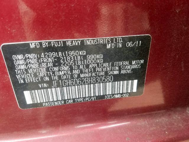 JF1GH6D62BH830580 - 2011 SUBARU IMPREZA OU MAROON photo 10