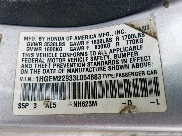 1HGEM22933L054883 - 2003 HONDA CIVIC EX SILVER photo 10