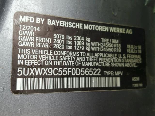 5UXWX9C55F0D56522 - 2015 BMW X3 XDRIVE2 GRAY photo 10