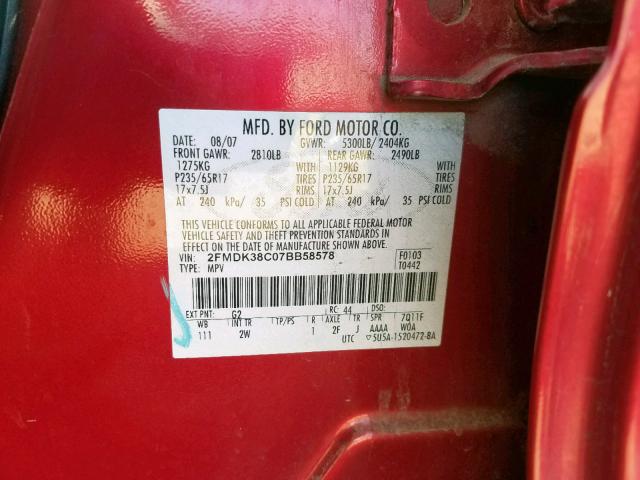 2FMDK38C07BB58578 - 2007 FORD EDGE SEL  photo 10