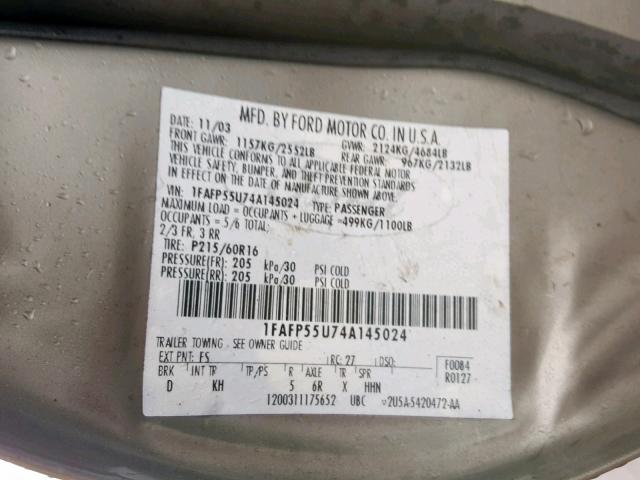 1FAFP55U74A145024 - 2004 FORD TAURUS SES GRAY photo 10