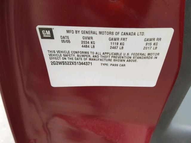 2G2WS522X51344371 - 2005 PONTIAC GRAND PRIX MAROON photo 10