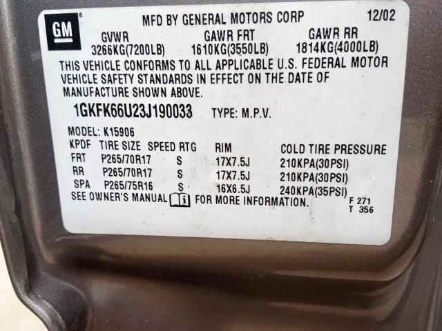 1GKFK66U23J190033 - 2003 GMC YUKON XL D TAN photo 10