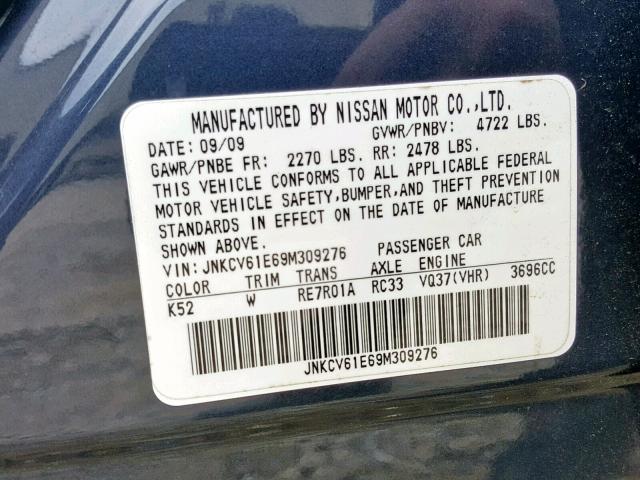 JNKCV61E69M309276 - 2009 INFINITI G37 BASE BLUE photo 10