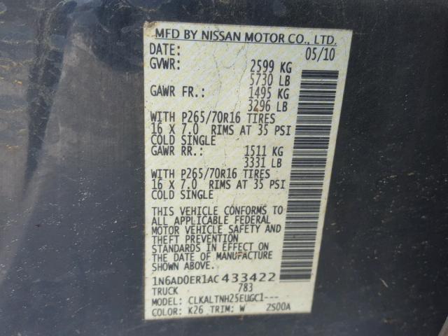 1N6AD0ER1AC433422 - 2010 NISSAN FRONTIER C GRAY photo 10