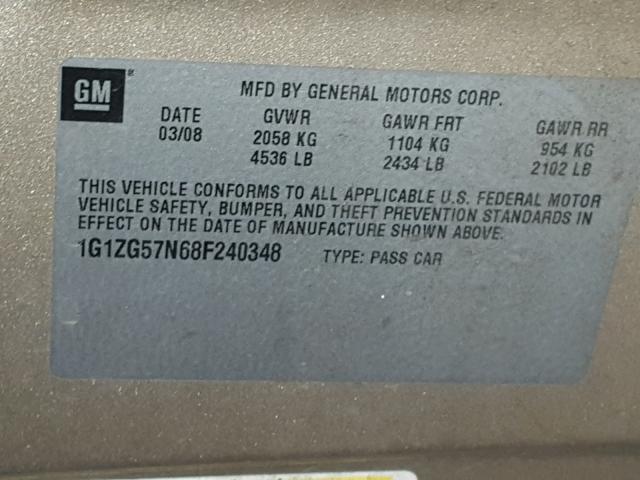 1G1ZG57N68F240348 - 2008 CHEVROLET MALIBU LS 棕色 照片 10