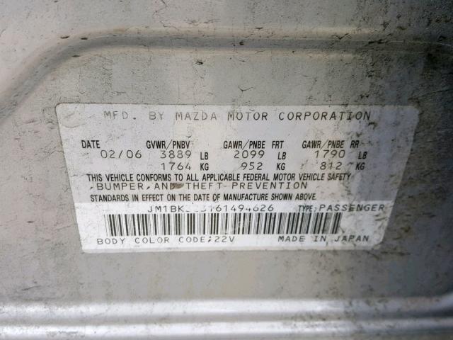 JM1BK323161494626 - 2006 MAZDA 3 S SILVER photo 10